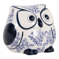 Hibou de 5 po en céramique de style chinoiserie à motif de feuille - bleu