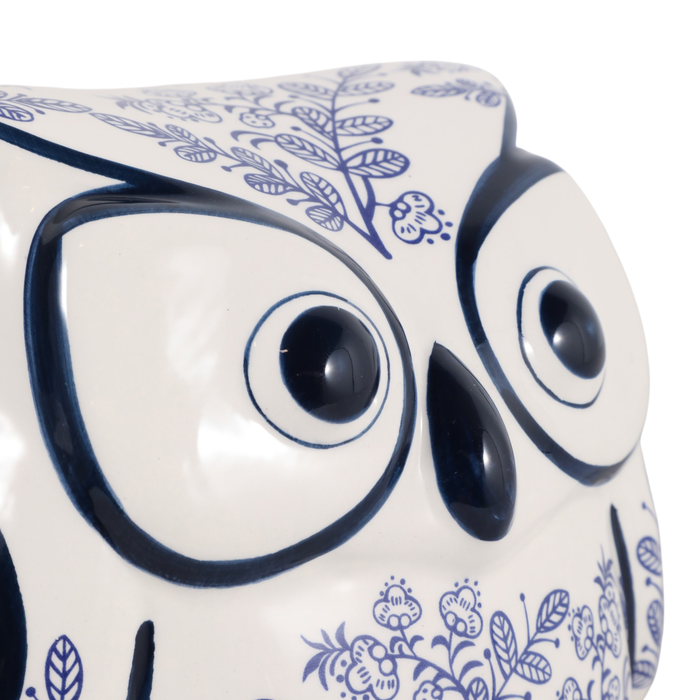 Hibou de 5 po en céramique de style chinoiserie à motif de feuille - bleu 