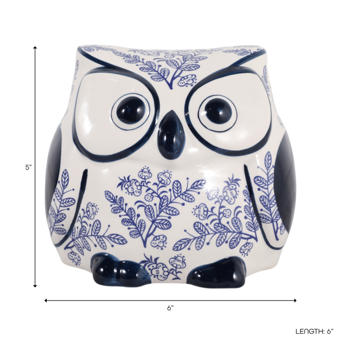 Hibou de 5 po en céramique de style chinoiserie à motif de feuille - bleu 
