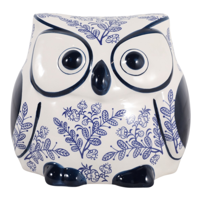 Hibou de 5 po en céramique de style chinoiserie à motif de feuille - bleu 