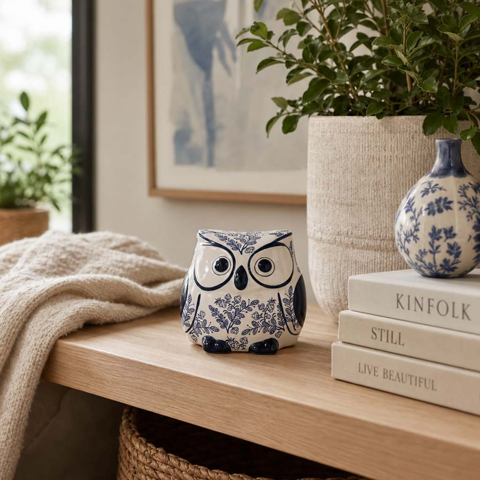 Hibou de 5 po en céramique de style chinoiserie à motif de feuille - bleu 