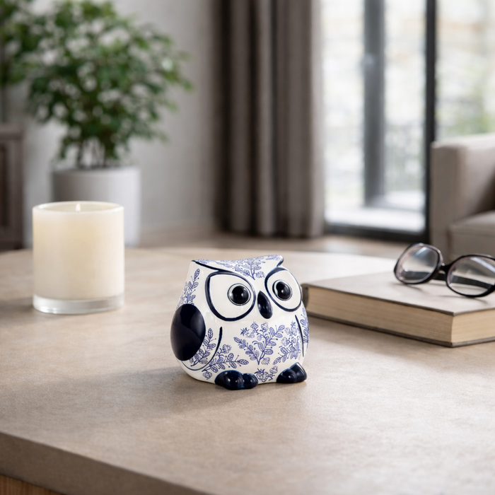 Hibou de 5 po en céramique de style chinoiserie à motif de feuille - bleu 