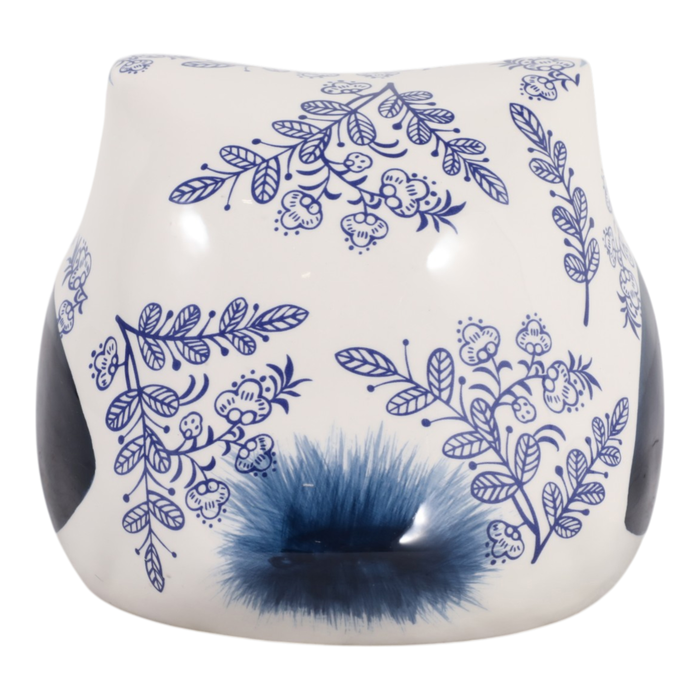 Hibou de 5 po en céramique de style chinoiserie à motif de feuille - bleu 