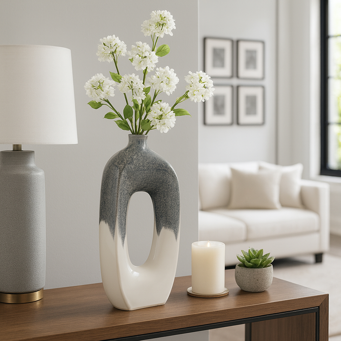 Vase de 16 po en céramique à découpe ouverte - ivoire et bleu 
