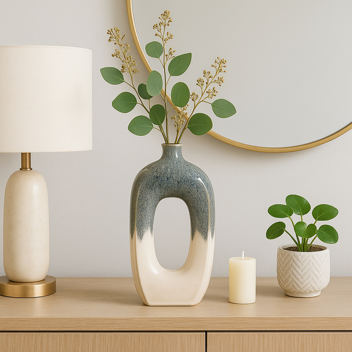 Vase de 16 po en céramique à découpe ouverte - ivoire et bleu 