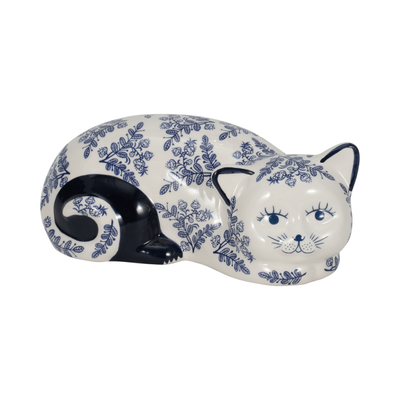 4” Ceramic Sleeping Chinoiserie Cat – Blue  | Chat endormi de 4 po en céramique de style chinoiserie - bleu