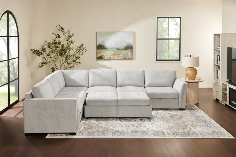 Sofa sectionnel de droite Vault 6 pièces avec causeuse-lit, 2 fauteuils de rangement et fauteuil long de rangement - gris