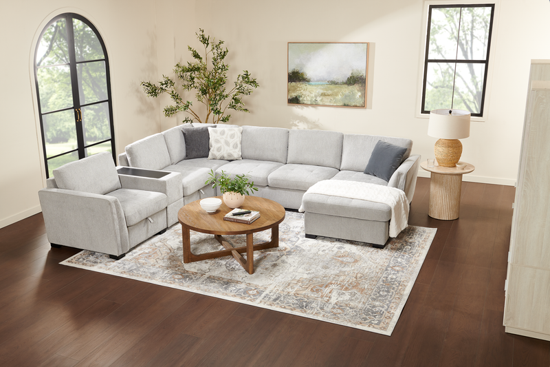 Sofa sectionnel de droite Vault 6 pièces avec causeuse-lit, 2 fauteuils de rangement et fauteuil long de rangement - gris