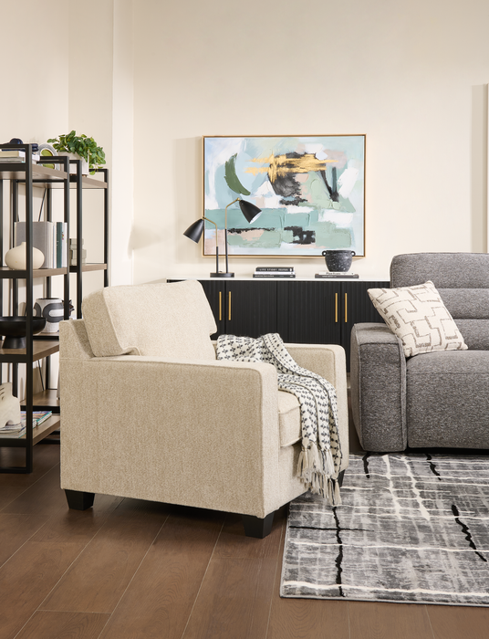 Fauteuil Lennox de 35 po fabriqué au Canada en tissu de chenille avec coussins réversibles et accoudoirs rectilignes - taupe