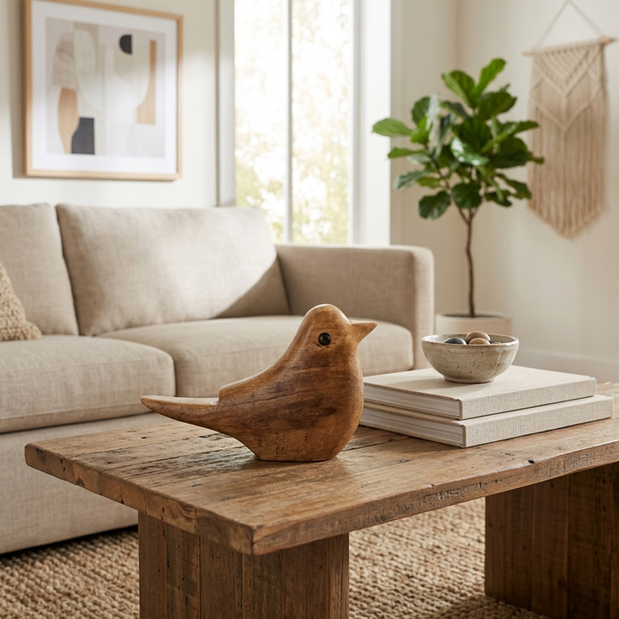 Oiseau décoratif contemporain en bois - naturel