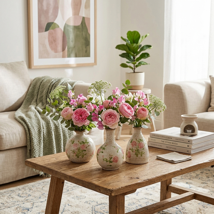 Ensemble de 3 vases à fleurs Cottage de 6 po en céramique à motif floral - multicolore 