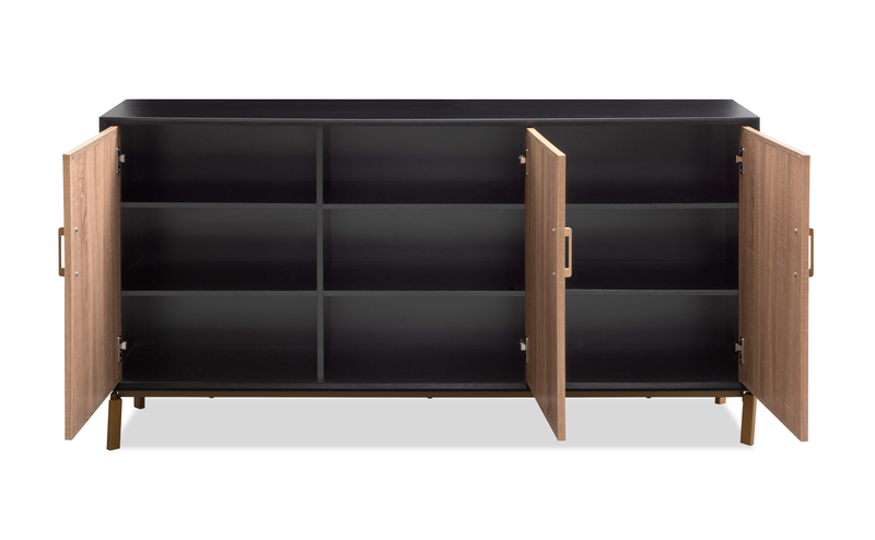 Armoire décorative Alenna de 60 po à 3 portes avec tablettes réglables et quincaillerie dorée - noir et blanc vieilli
