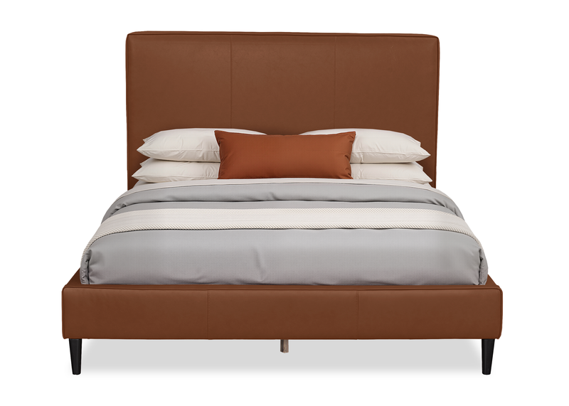 Lit plateforme rembourré Alix en tissu d’apparence cuir brun - format grand lit
