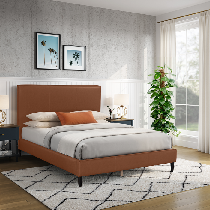Lit plateforme rembourré Alix en tissu brun - format grand lit 