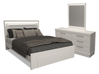 Ensemble de chambre à coucher Alpine 5 pièces avec lit à panneaux, commode, miroir et éclairage à DEL, fabriqué au Canada, blanc - grand lit