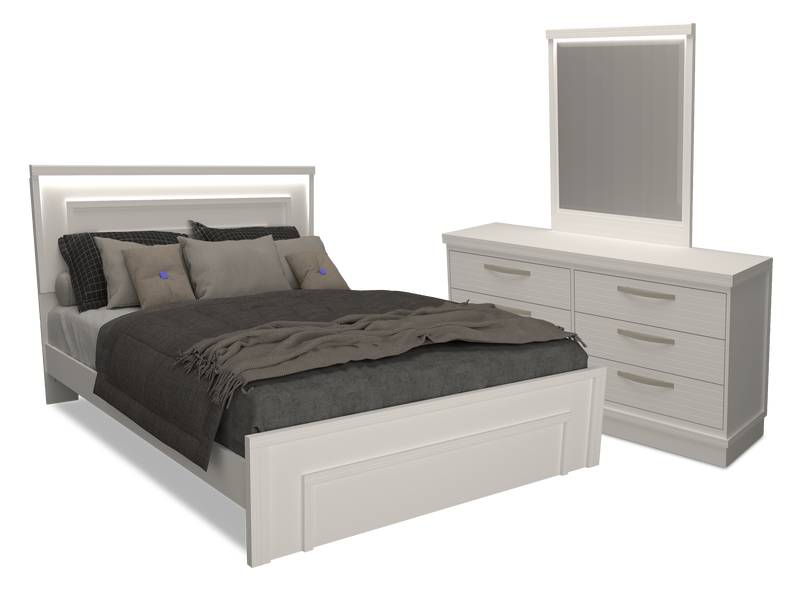 Ensemble de chambre à coucher Alpine 5 pièces avec lit à panneaux, commode, miroir et éclairage à DEL, fabriqué au Canada, blanc - grand lit