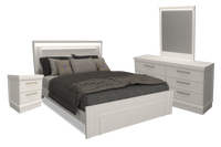 Ensemble de chambre à coucher Alpine 6 pièces avec lit à panneaux, commode, miroir, table de nuit et éclairage, blanc - grand lit