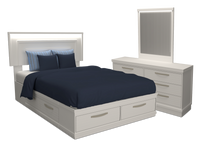 Ensemble de chambre à coucher Alpine 5 pièces avec lit de rangement, commode, miroir et éclairage, fabriqué au Canada, blanc - lit double