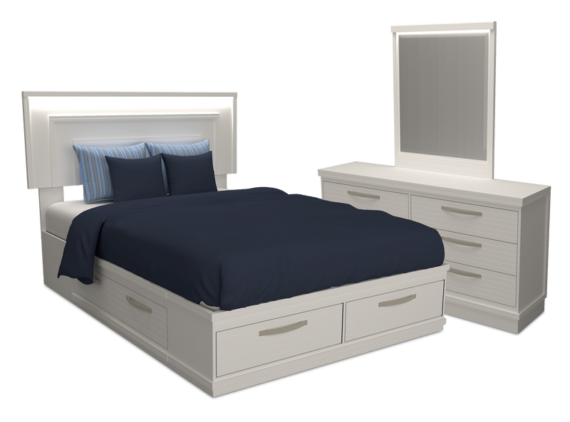 Ensemble de chambre à coucher Alpine 5 pièces avec lit de rangement, commode, miroir et éclairage, fabriqué au Canada, blanc - lit double