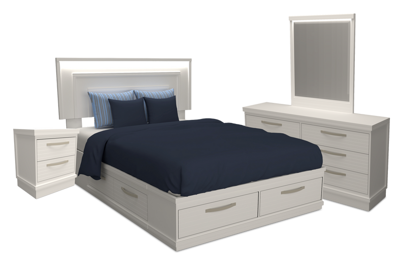 Ensemble de chambre à coucher Alpine 6 pièces avec lit de rangement, commode, miroir, table de nuit et éclairage, blanc - lit double
