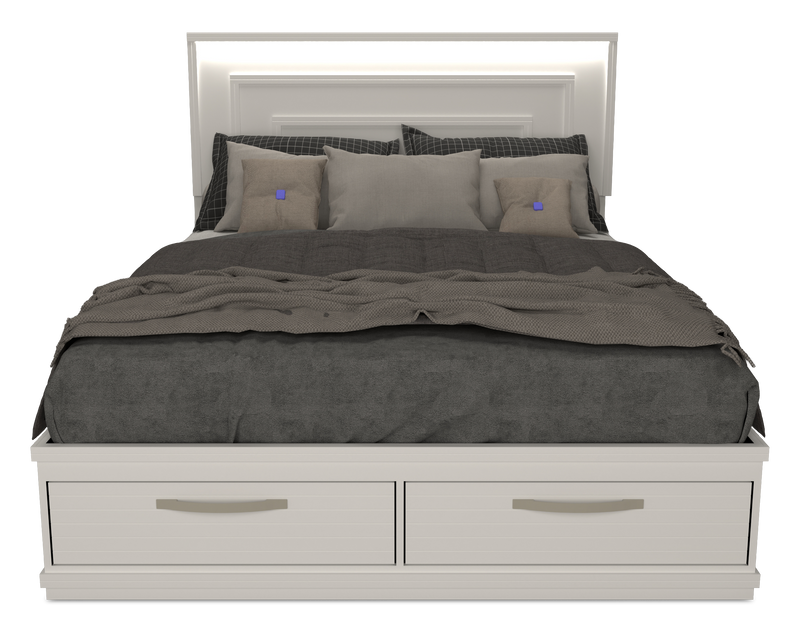 Lit plateforme de rangement Alpine fabriqué au Canada avec tête de lit, cadre de lit et éclairage à DEL, blanc - format grand lit