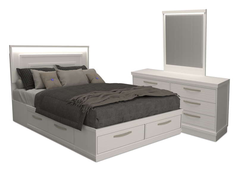 Ensemble de chambre à coucher Alpine 5 pièces avec lit de rangement, commode, miroir et éclairage, fabriqué au Canada, blanc - grand lit