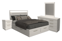 Ensemble de chambre à coucher Alpine 6 pièces avec lit de rangement, commode, miroir, table de nuit et éclairage, blanc - grand lit