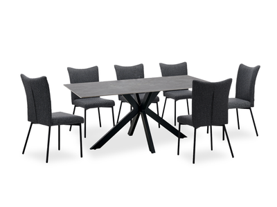 Atlas 7pc Dining Set with Table & 6 Chairs, Sintered Stone & Metal, 71"W - Grey/Black | Ensemble de salle à manger Atlas 7 pièces en pierre frittée et métal avec table de 71 po (L) et 6 chaises - gris et noir