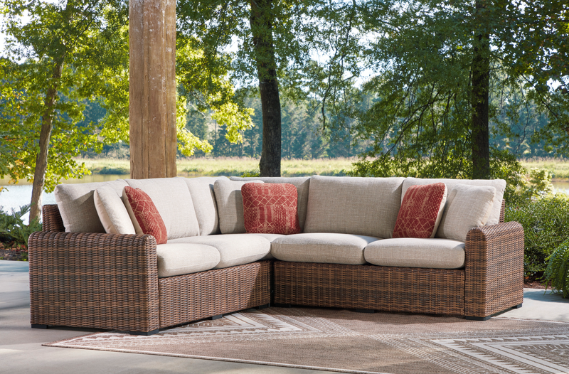 Ensemble Banff 3 pièces pour la terrasse à l’extérieur avec 2 causeuses et un fauteuil en coin, résistant aux intempéries - naturel et beige