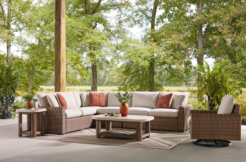 Ensemble Banff 4 pièces pour la terrasse à l’extérieur avec 2 causeuses, un fauteuil en coin et un fauteuil sans accoudoirs - brun et beige