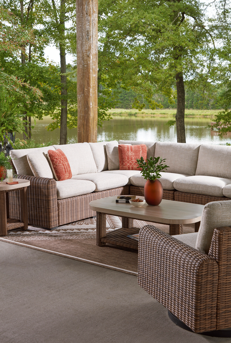 Ensemble Banff 4 pièces pour la terrasse à l’extérieur avec 2 causeuses, un fauteuil en coin et un fauteuil sans accoudoirs - brun et beige