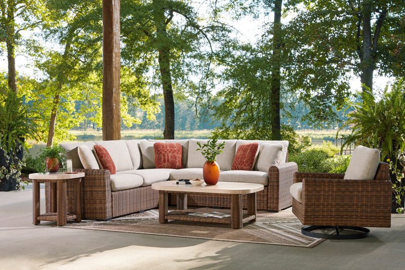 Fauteuil pivotant Banff pour la terrasse à l’extérieur - osier en résine, aluminium et tissu NuvellaMD - brun et beige