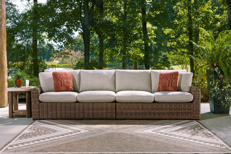 Causeuses de droite et de gauche Banff pour la terrasse à l’extérieur, ensemble de 2 - osier en résine et tissu Nuvella - brunes et beige