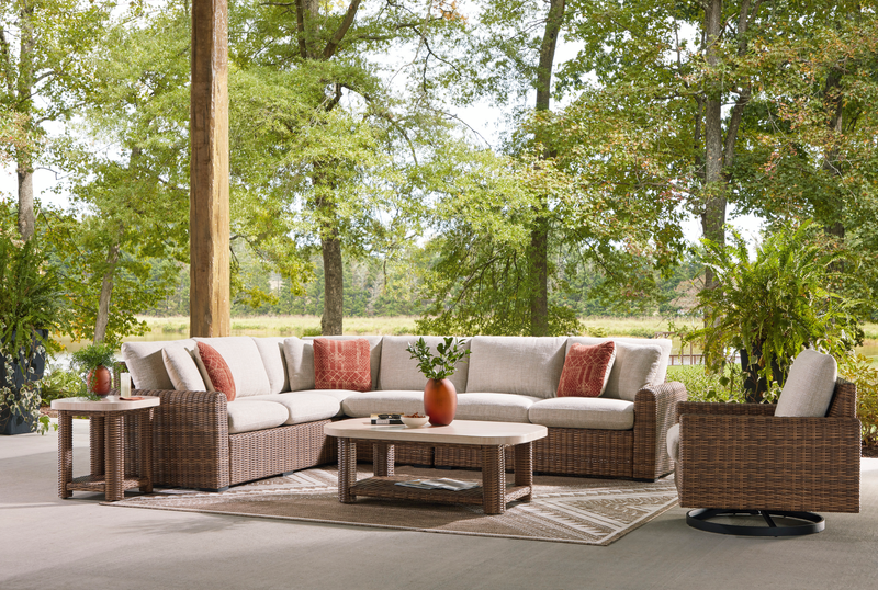 Table de bout Banff pour la terrasse à l’extérieur - osier en résine et aluminium, résistante aux intempéries - brune et beige