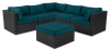 Ensemble Barbados 6 pièces pour la terrasse à l’extérieur avec 3 fauteuils en coin, 2 fauteuils sans accoudoirs et pouf - osier en résine tressé à la main, résistant aux rayons UV et aux intempéries - noir et bleu