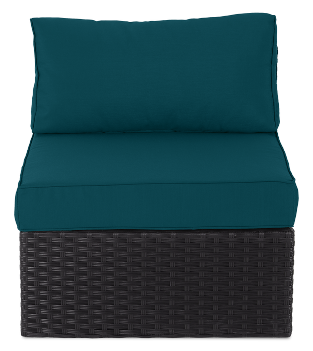 Ensemble Barbados 6 pièces pour la terrasse à l’extérieur avec 3 fauteuils en coin, 2 fauteuils sans accoudoirs et pouf - osier en résine tressé à la main, résistant aux rayons UV et aux intempéries - noir et bleu