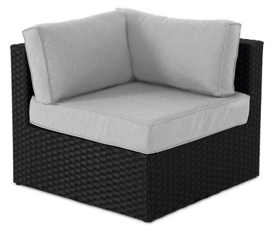 Barbados Corner Outdoor Patio Chair - Hand-Woven Resin Wicker, UV & Weather Resistant - Black/Grey | Fauteuil en coin Barbados pour la terrasse à l’extérieur - osier en résine tressé à la main, résistant aux rayons UV et aux intempéries - noir et gris