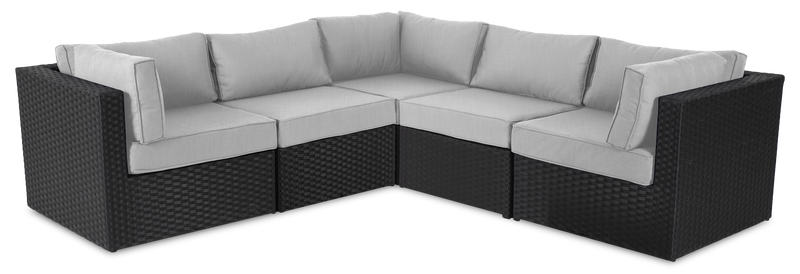 Ensemble Barbados 5 pièces pour la terrasse à l’extérieur avec 3 fauteuils en coin et 2 fauteuils sans accoudoirs - osier en résine tressé à la main, résistant aux rayons UV et aux intempéries - noir et gris