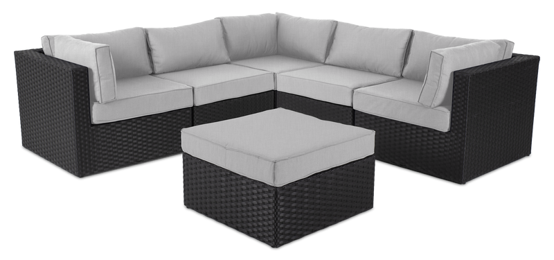 Ensemble Barbados 5 pièces pour la terrasse à l’extérieur avec 3 fauteuils en coin et 2 fauteuils sans accoudoirs - osier en résine tressé à la main, résistant aux rayons UV et aux intempéries - noir et gris