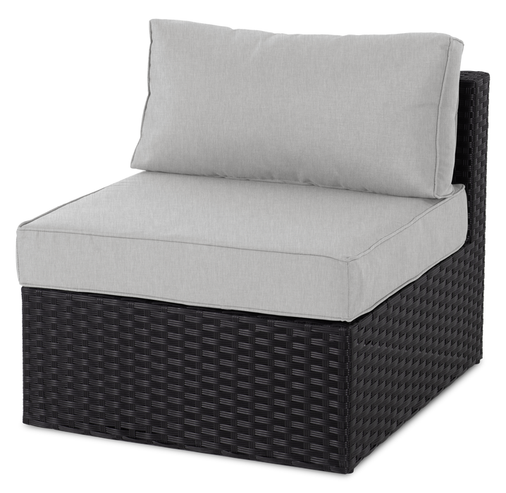 Ensemble Barbados 6 pièces pour la terrasse à l’extérieur avec 3 fauteuils en coin, 2 fauteuils sans accoudoirs et pouf - osier en résine tressé à la main, résistant aux rayons UV et aux intempéries - noir et gris
