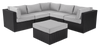 Ensemble Barbados 6 pièces pour la terrasse à l’extérieur avec 3 fauteuils en coin, 2 fauteuils sans accoudoirs et pouf - osier en résine tressé à la main, résistant aux rayons UV et aux intempéries - noir et gris