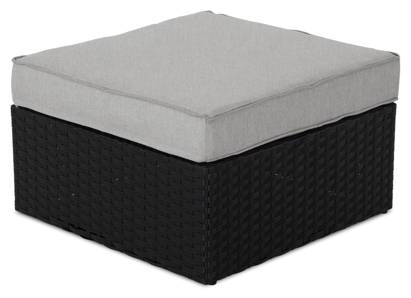 Ensemble Barbados 6 pièces pour la terrasse à l’extérieur avec 3 fauteuils en coin, 2 fauteuils sans accoudoirs et pouf - osier en résine tressé à la main, résistant aux rayons UV et aux intempéries - noir et gris