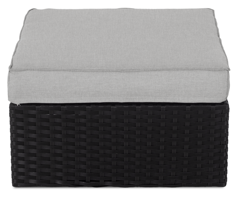 Ensemble Barbados 6 pièces pour la terrasse à l’extérieur avec 3 fauteuils en coin, 2 fauteuils sans accoudoirs et pouf - osier en résine tressé à la main, résistant aux rayons UV et aux intempéries - noir et gris