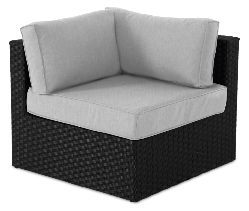 Ensemble Barbados 6 pièces pour la terrasse à l’extérieur avec 3 fauteuils en coin, 2 fauteuils sans accoudoirs et pouf - osier en résine tressé à la main, résistant aux rayons UV et aux intempéries - noir et gris