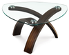 Table à café contemporaine Baynes de 34 po avec dessus en verre et pattes en bois - noisette