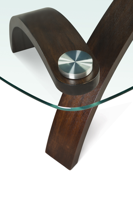 Table de salon contemporaine Baynes de 46 po avec dessus en verre et pattes en bois - noisette