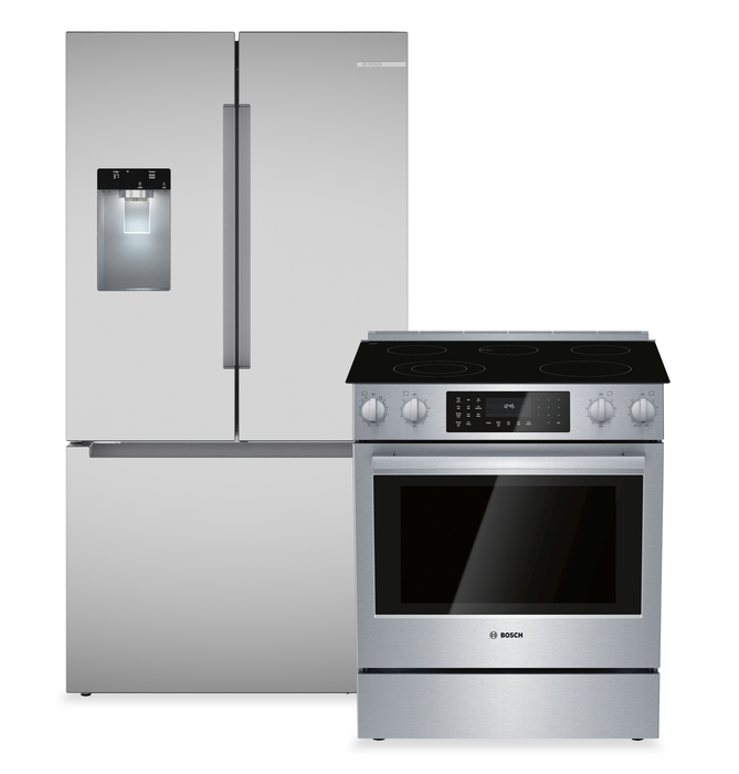 Réfrigérateur de 36 pi3 à portes françaises et cuisinière électrique de 4,6 pi3 de Bosch - acier inoxydable