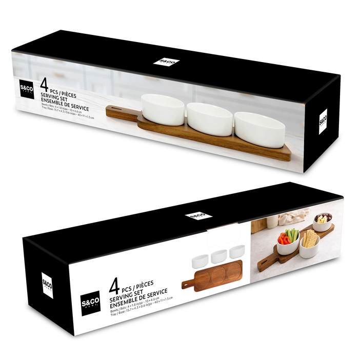 Ensemble de service S&CO 4 pièces avec bols et planche - porcelaine et bois