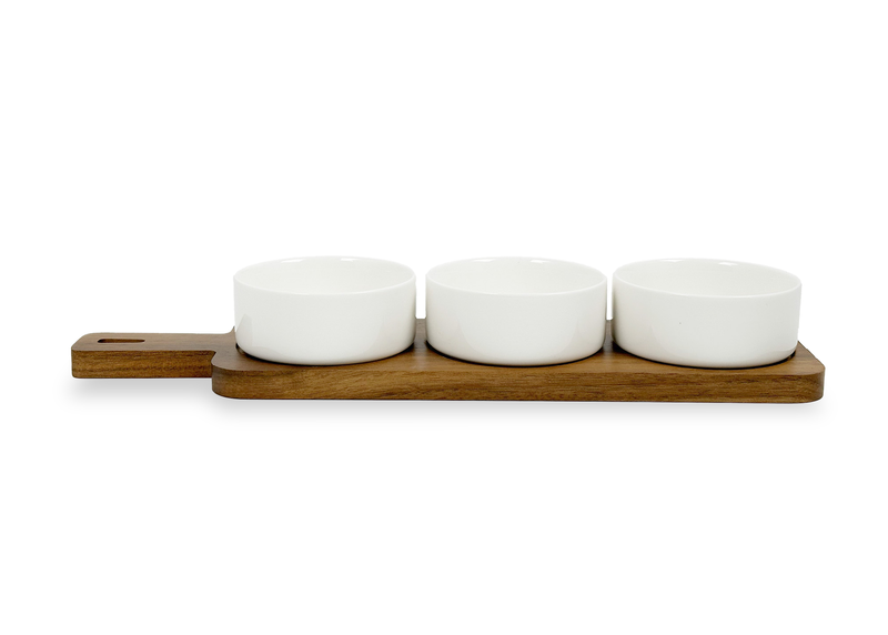 Ensemble de service S&CO 4 pièces avec bols et planche - porcelaine et bois