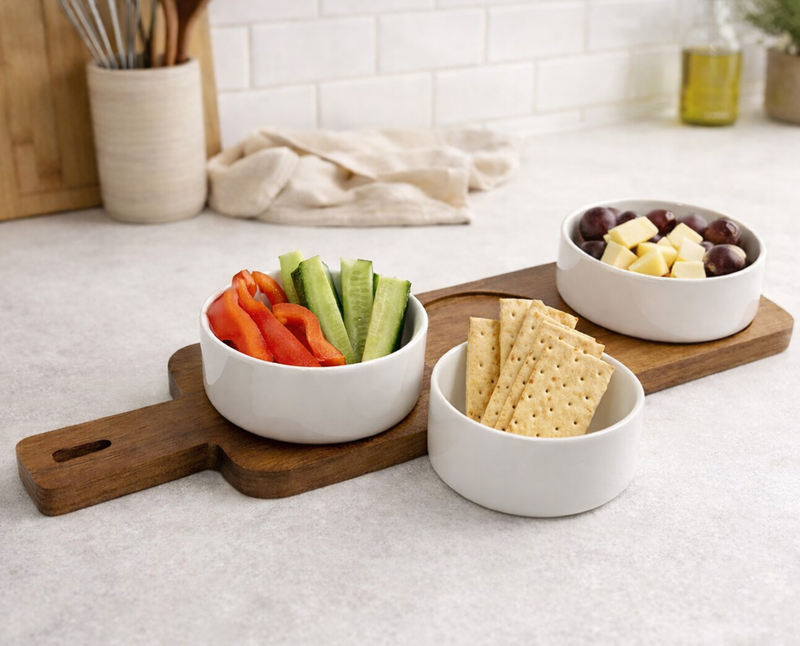 Ensemble de service S&CO 4 pièces avec bols et planche - porcelaine et bois